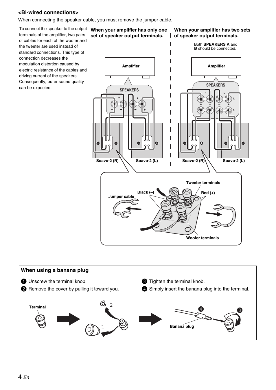 Bi-wired connections, When using a banana plug | Yamaha Soavo-2 User Manual | Page 4 / 6
