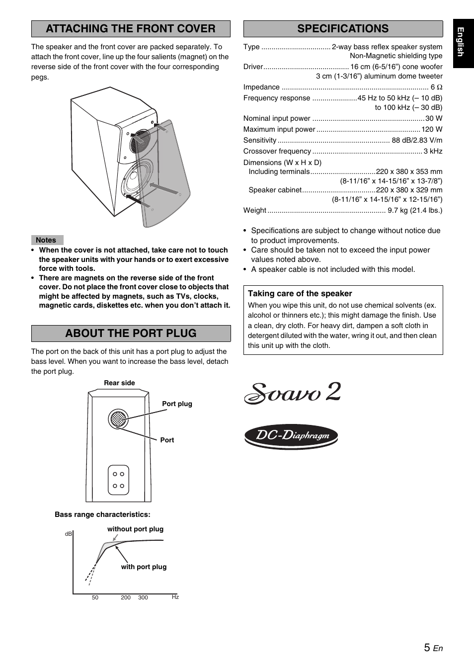 Attaching the front cover, About the port plug, Specifications | Yamaha Soavo-2 User Manual | Page 5 / 6