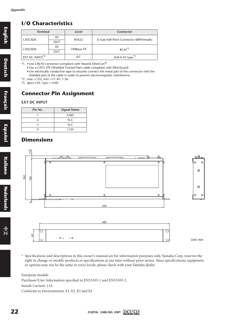 I/o characteristics connector pin assignment, Dimensions, English deutsch français español italiano | Nederlands | Yamaha DCU5D User Manual | Page 7 / 8