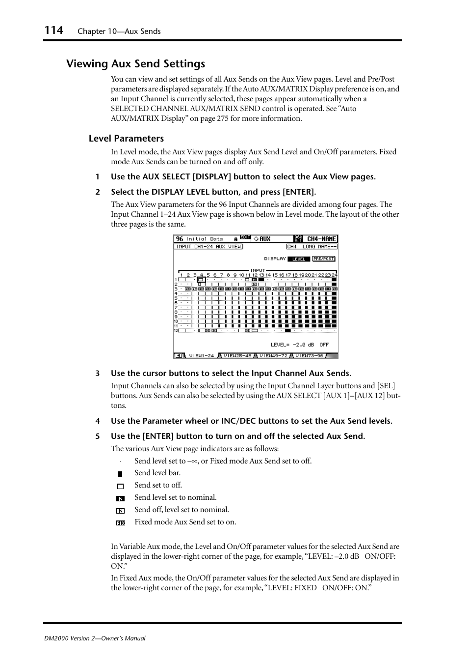 Viewing aux send settings | Yamaha WC42260 User Manual | Page 114 / 403