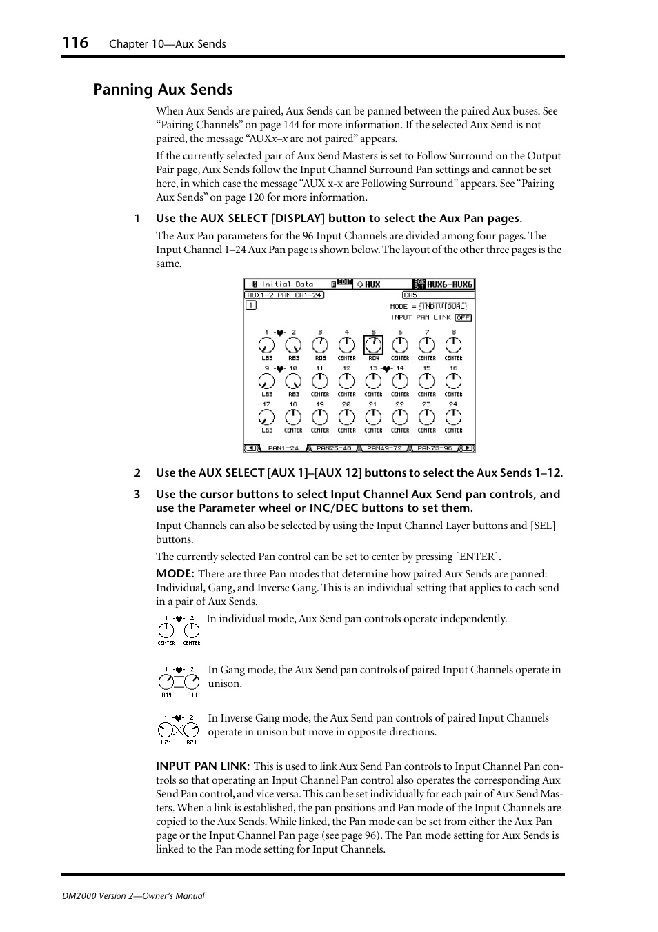 Panning aux sends | Yamaha WC42260 User Manual | Page 116 / 403