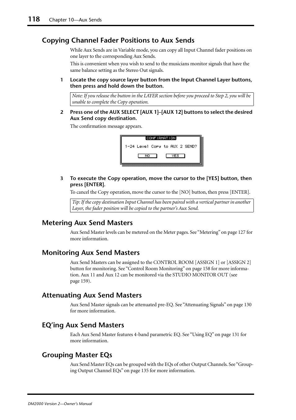 Copying channel fader positions to aux sends, Metering aux send masters, Monitoring aux send masters | Attenuating aux send masters, Eq’ing aux send masters, Grouping master eqs | Yamaha WC42260 User Manual | Page 118 / 403