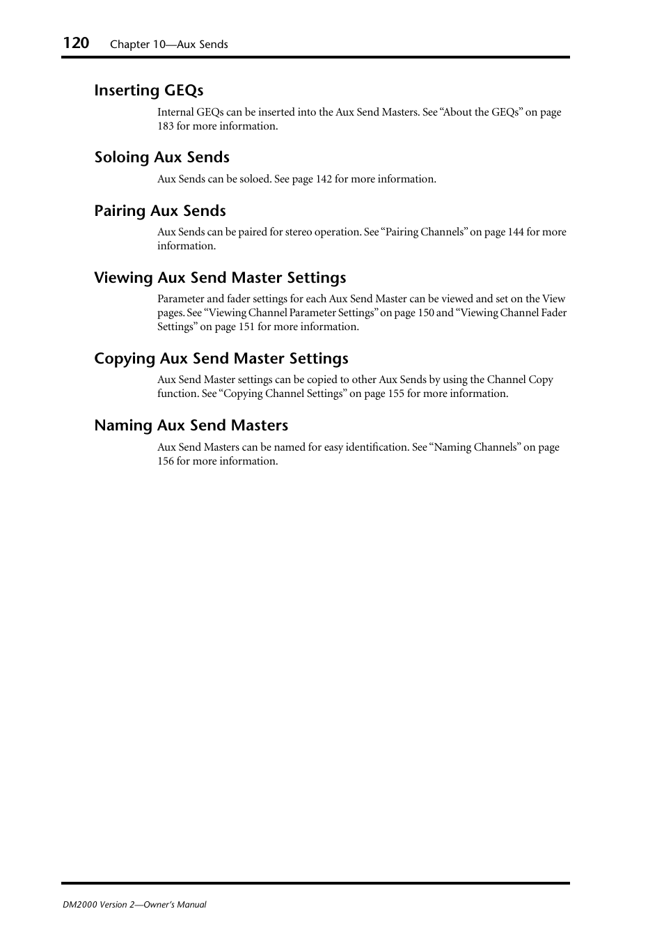 Inserting geqs, Soloing aux sends, Pairing aux sends | Viewing aux send master settings, Copying aux send master settings, Naming aux send masters | Yamaha WC42260 User Manual | Page 120 / 403