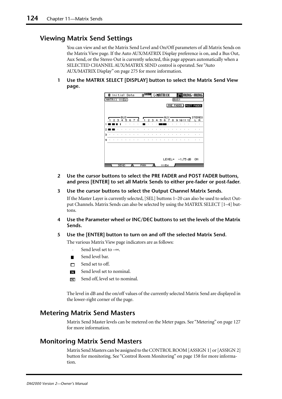 Viewing matrix send settings, Metering matrix send masters, Monitoring matrix send masters | Yamaha WC42260 User Manual | Page 124 / 403