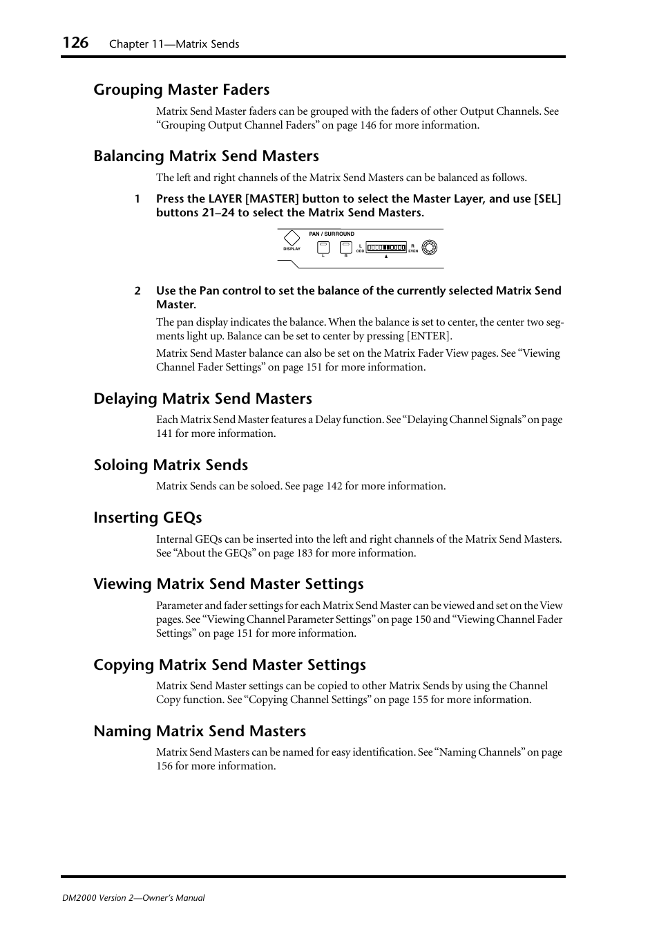 Grouping master faders, Balancing matrix send masters, Delaying matrix send masters | Soloing matrix sends, Inserting geqs, Viewing matrix send master settings, Copying matrix send master settings, Naming matrix send masters | Yamaha WC42260 User Manual | Page 126 / 403