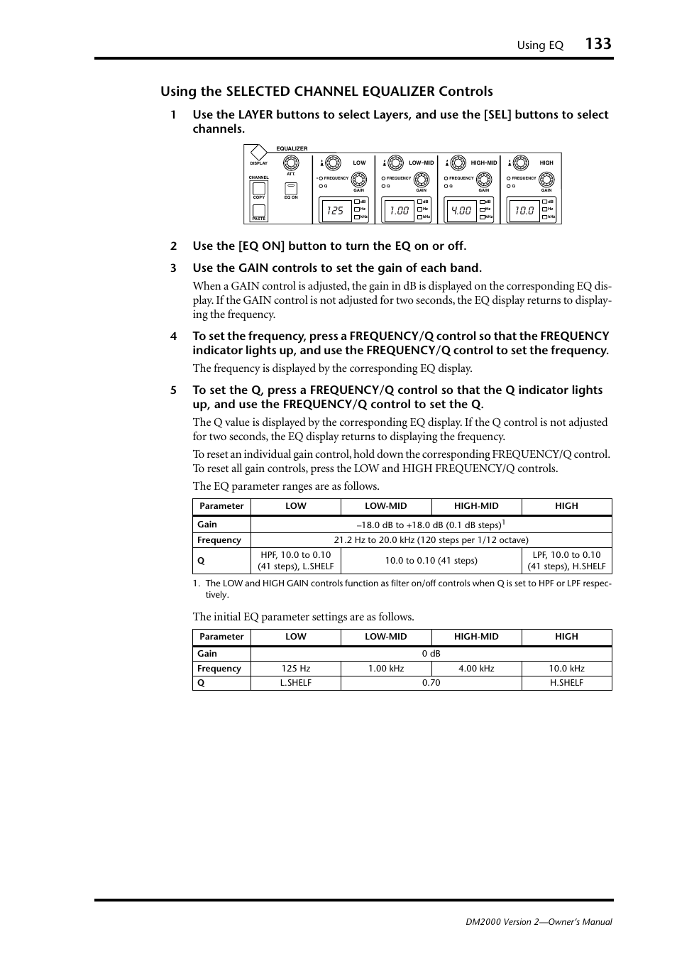 Using the selected channel equalizer controls, Using eq | Yamaha WC42260 User Manual | Page 133 / 403