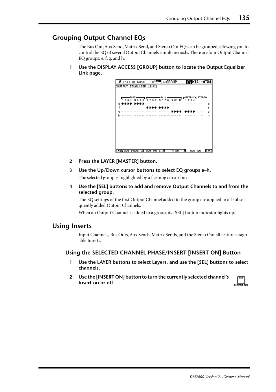 Grouping output channel eqs, Using inserts, Grouping output channel eqs using inserts | Yamaha WC42260 User Manual | Page 135 / 403