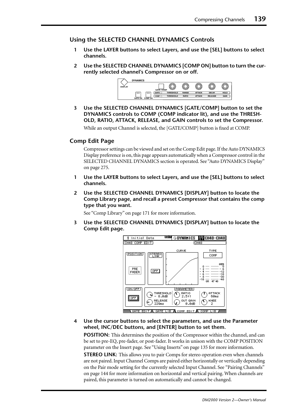 Using the selected channel dynamics controls, Comp edit page, Compressing channels | Yamaha WC42260 User Manual | Page 139 / 403