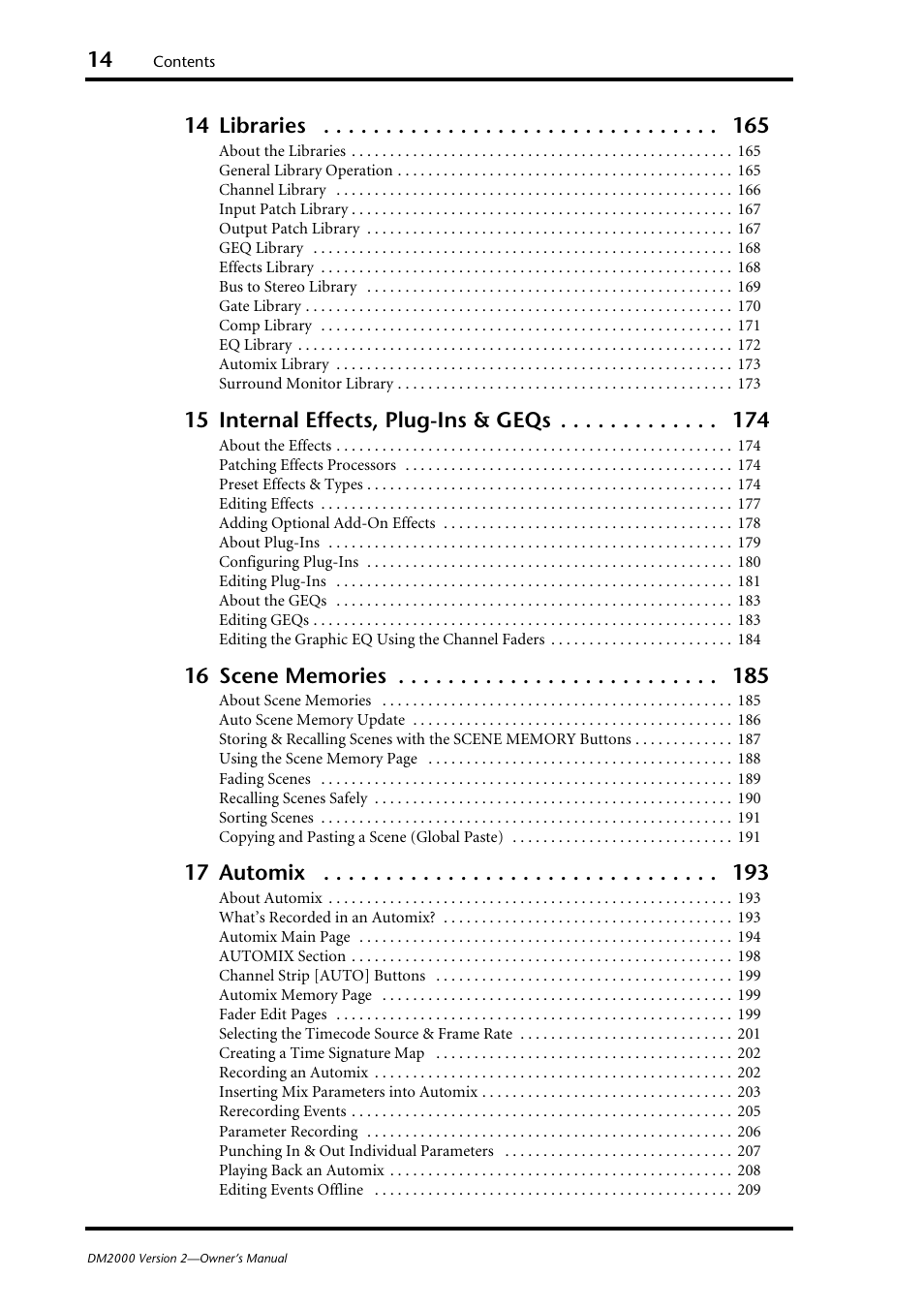 14 libraries, 15 internal effects, plug-ins & geqs, 17 automix | Yamaha WC42260 User Manual | Page 14 / 403