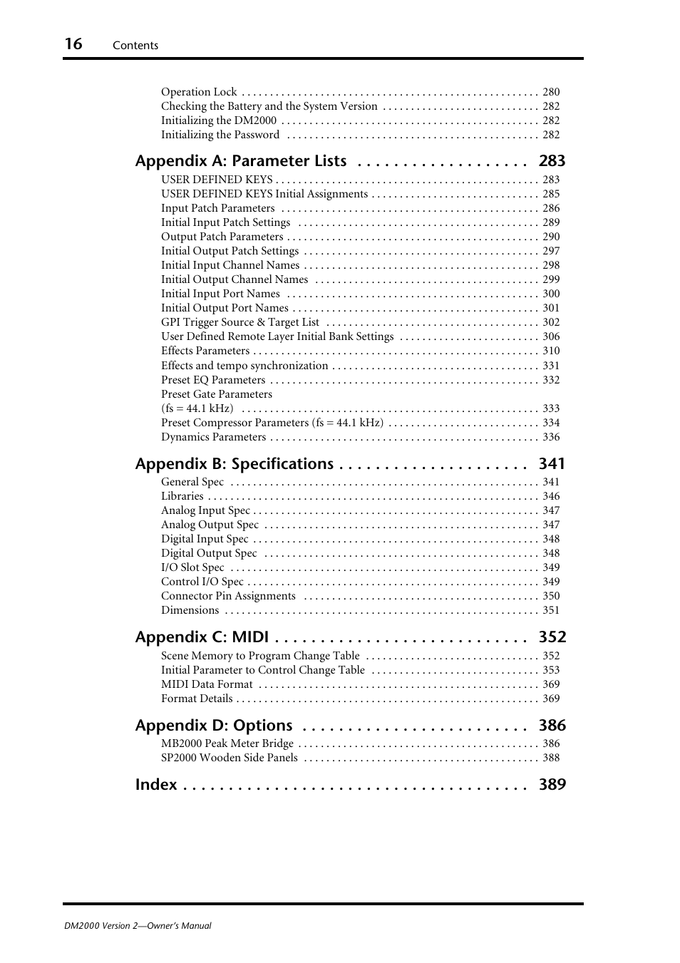 Appendix a: parameter lists, Appendix b: specifications, Appendix c: midi | Appendix d: options, Index | Yamaha WC42260 User Manual | Page 16 / 403