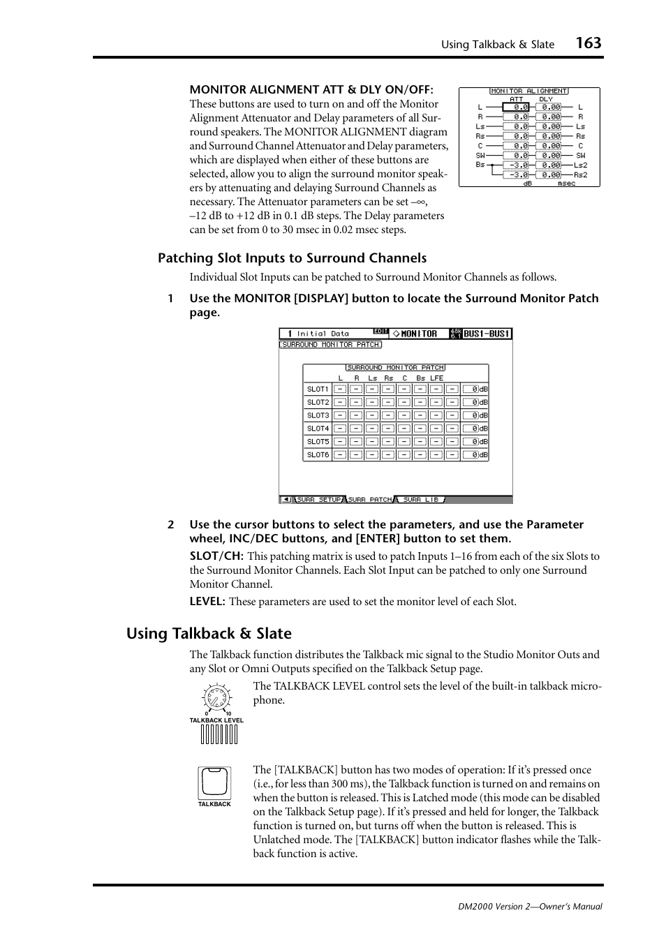 Using talkback & slate, Patching slot inputs to surround channels | Yamaha WC42260 User Manual | Page 163 / 403