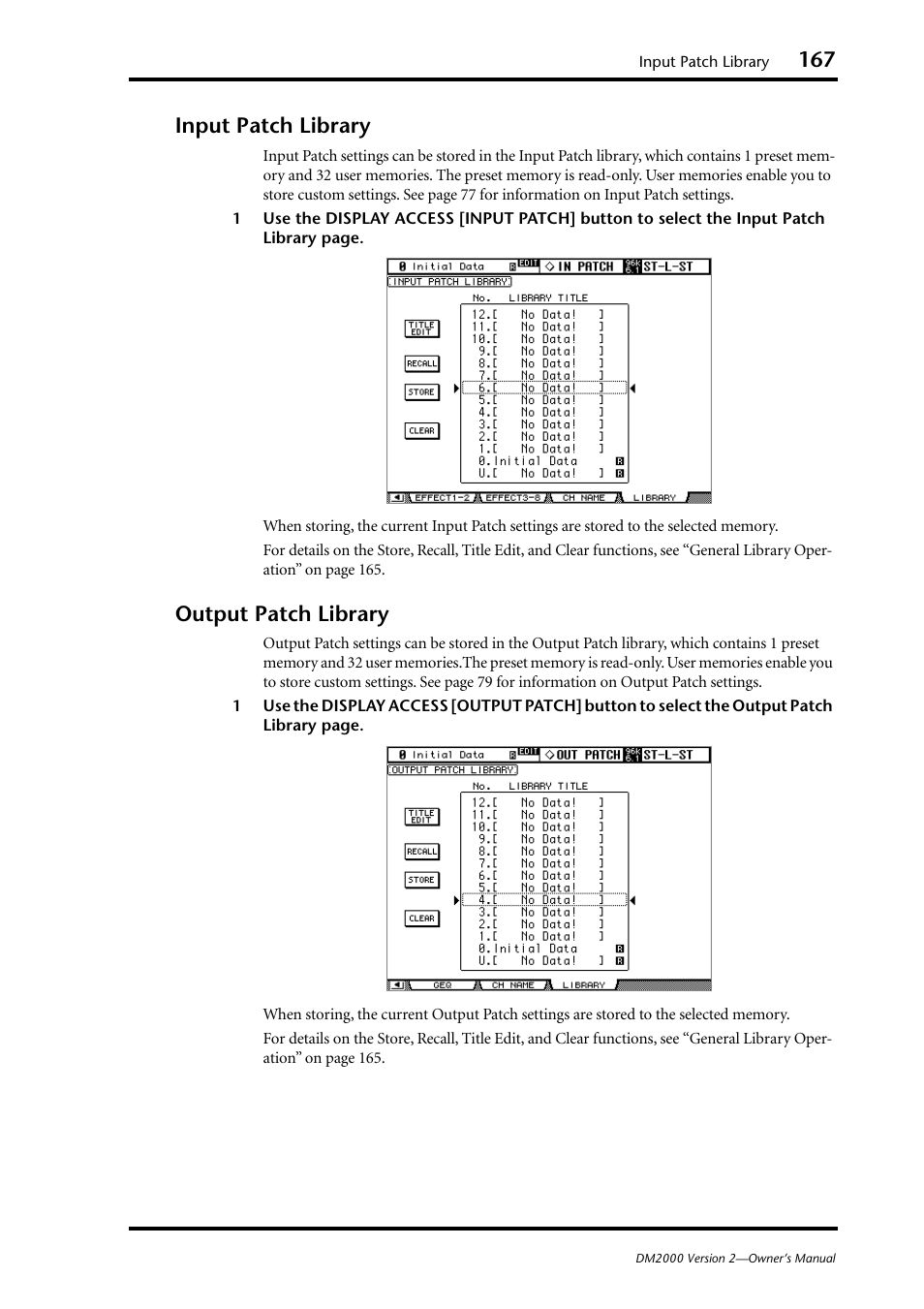 Input patch library, Output patch library, Input patch library output patch library | Yamaha WC42260 User Manual | Page 167 / 403