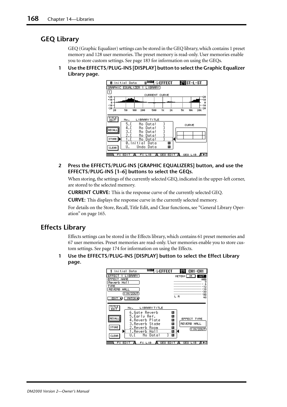 Geq library, Effects library, Geq library effects library | Yamaha WC42260 User Manual | Page 168 / 403