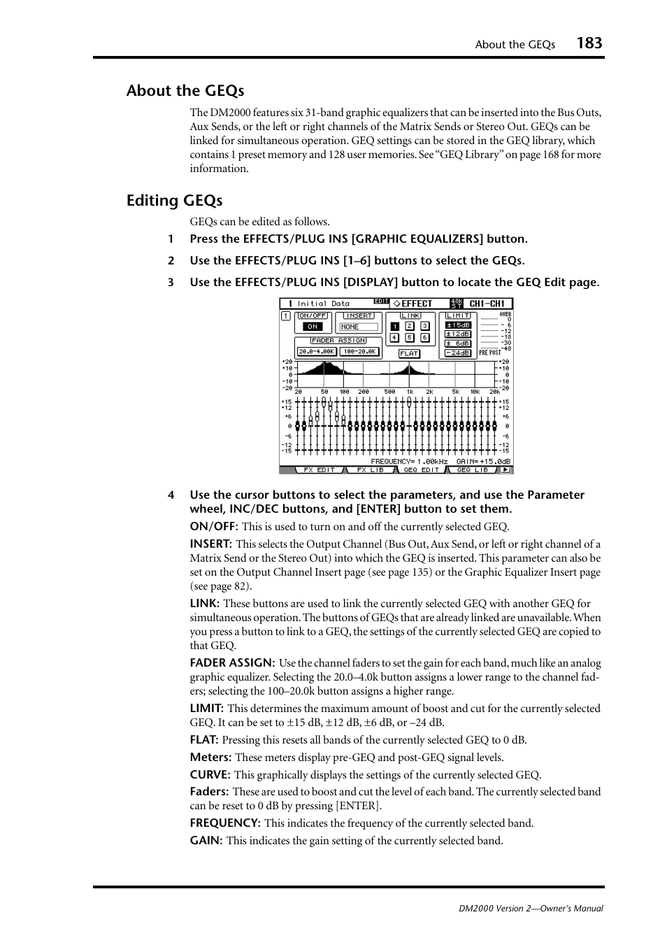 About the geqs, Editing geqs, About the geqs editing geqs | Yamaha WC42260 User Manual | Page 183 / 403