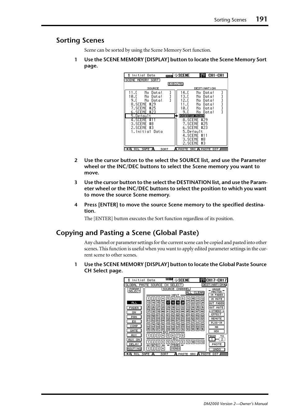 Sorting scenes, Copying and pasting a scene (global paste) | Yamaha WC42260 User Manual | Page 191 / 403