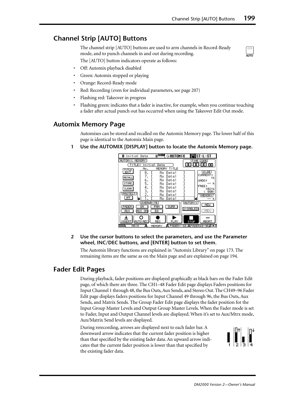 Channel strip [auto] buttons, Fader edit pages | Yamaha WC42260 User Manual | Page 199 / 403