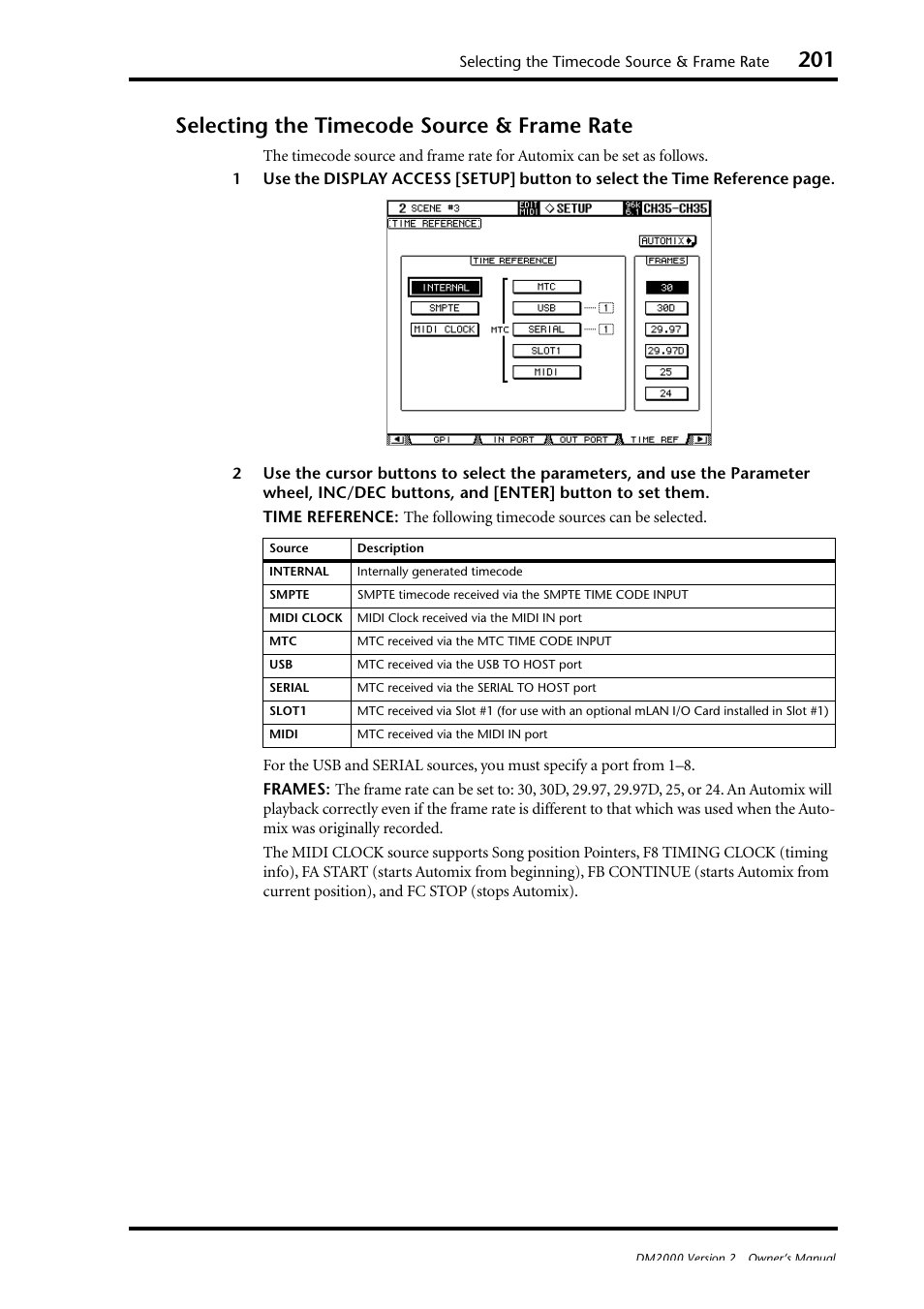 Selecting the timecode source & frame rate | Yamaha WC42260 User Manual | Page 201 / 403