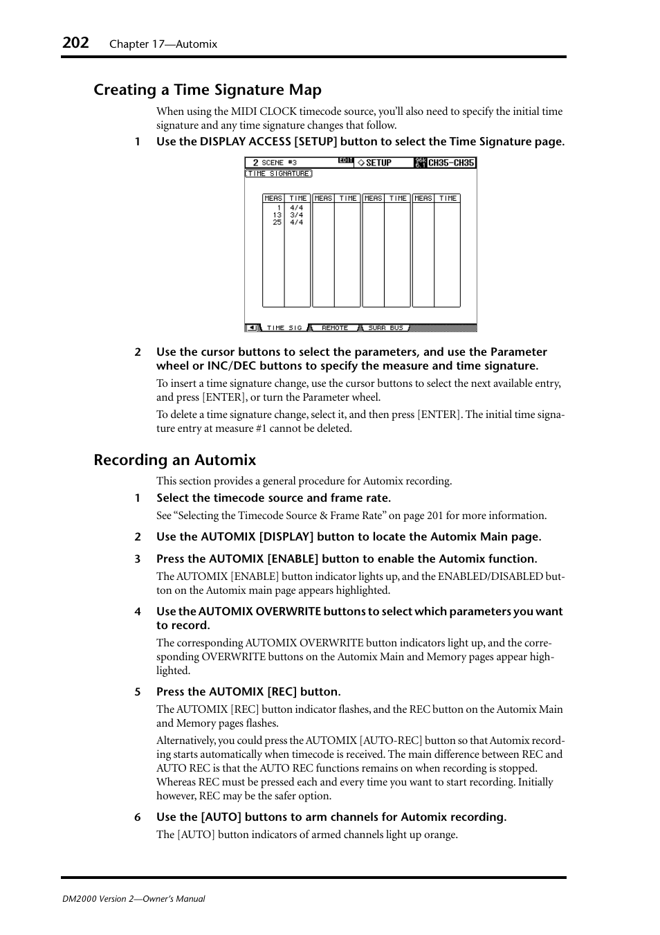 Creating a time signature map, Recording an automix, Creating a time signature map recording an automix | Yamaha WC42260 User Manual | Page 202 / 403