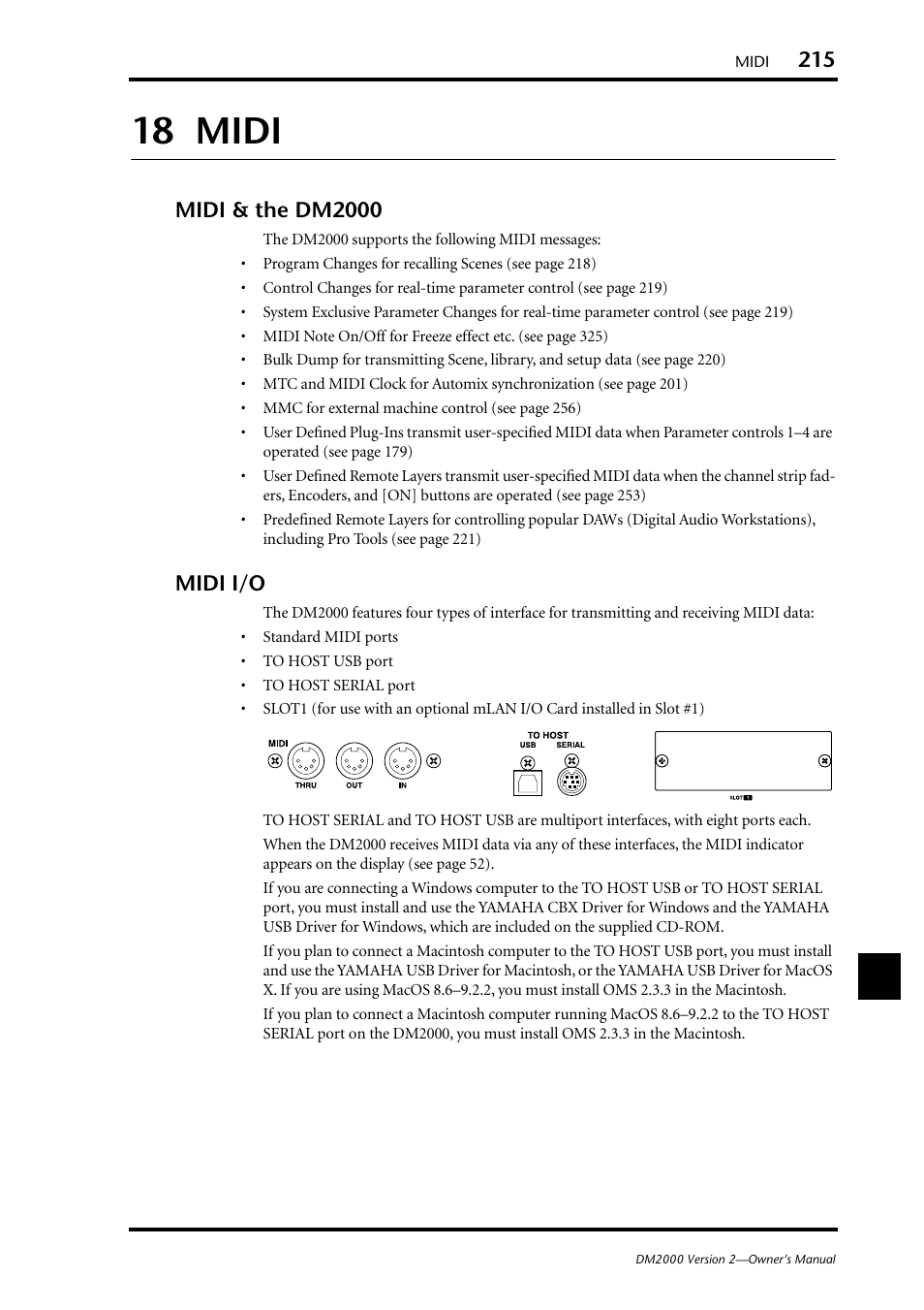 18 midi, Midi & the dm2000, Midi i/o | Midi & the dm2000 midi i/o | Yamaha WC42260 User Manual | Page 215 / 403