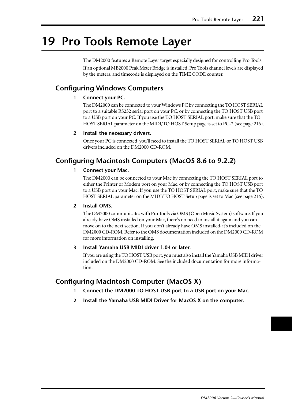 19 pro tools remote layer, Configuring windows computers, Configuring macintosh computer (macos x) | Yamaha WC42260 User Manual | Page 221 / 403