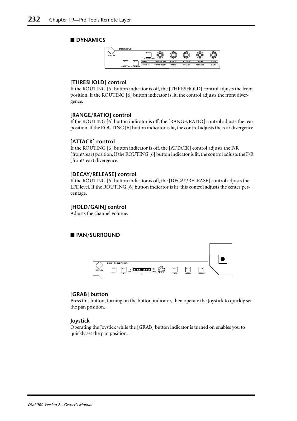 Dynamics [threshold] control, Range/ratio] control, Attack] control | Decay/release] control, Hold/gain] control, Pan/surround [grab] button, Joystick, Chapter 19—pro tools remote layer, Adjusts the channel volume | Yamaha WC42260 User Manual | Page 232 / 403