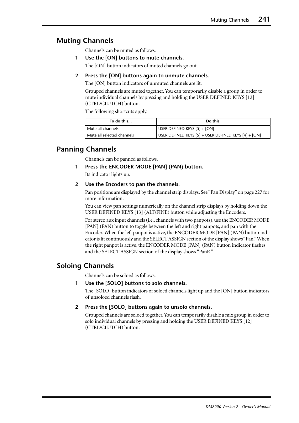 Muting channels, Panning channels, Soloing channels | Muting channels panning channels soloing channels | Yamaha WC42260 User Manual | Page 241 / 403