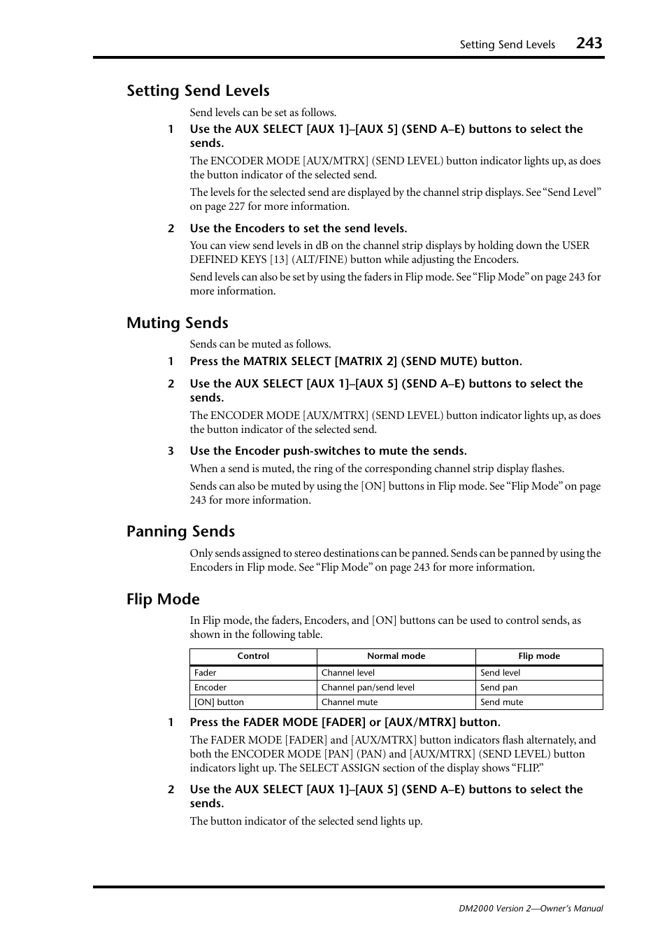 Setting send levels, Muting sends, Panning sends | Flip mode | Yamaha WC42260 User Manual | Page 243 / 403