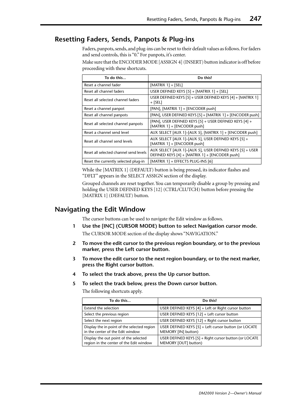 Resetting faders, sends, panpots & plugins, Navigating the edit window, Resetting faders, sends, panpots & plug-ins | Yamaha WC42260 User Manual | Page 247 / 403