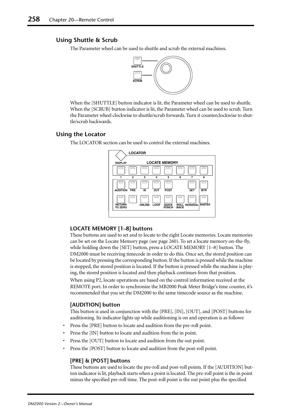 Using shuttle & scrub, Using the locator, Audition] button | Pre] & [post] buttons, Chapter 20—remote control | Yamaha WC42260 User Manual | Page 258 / 403