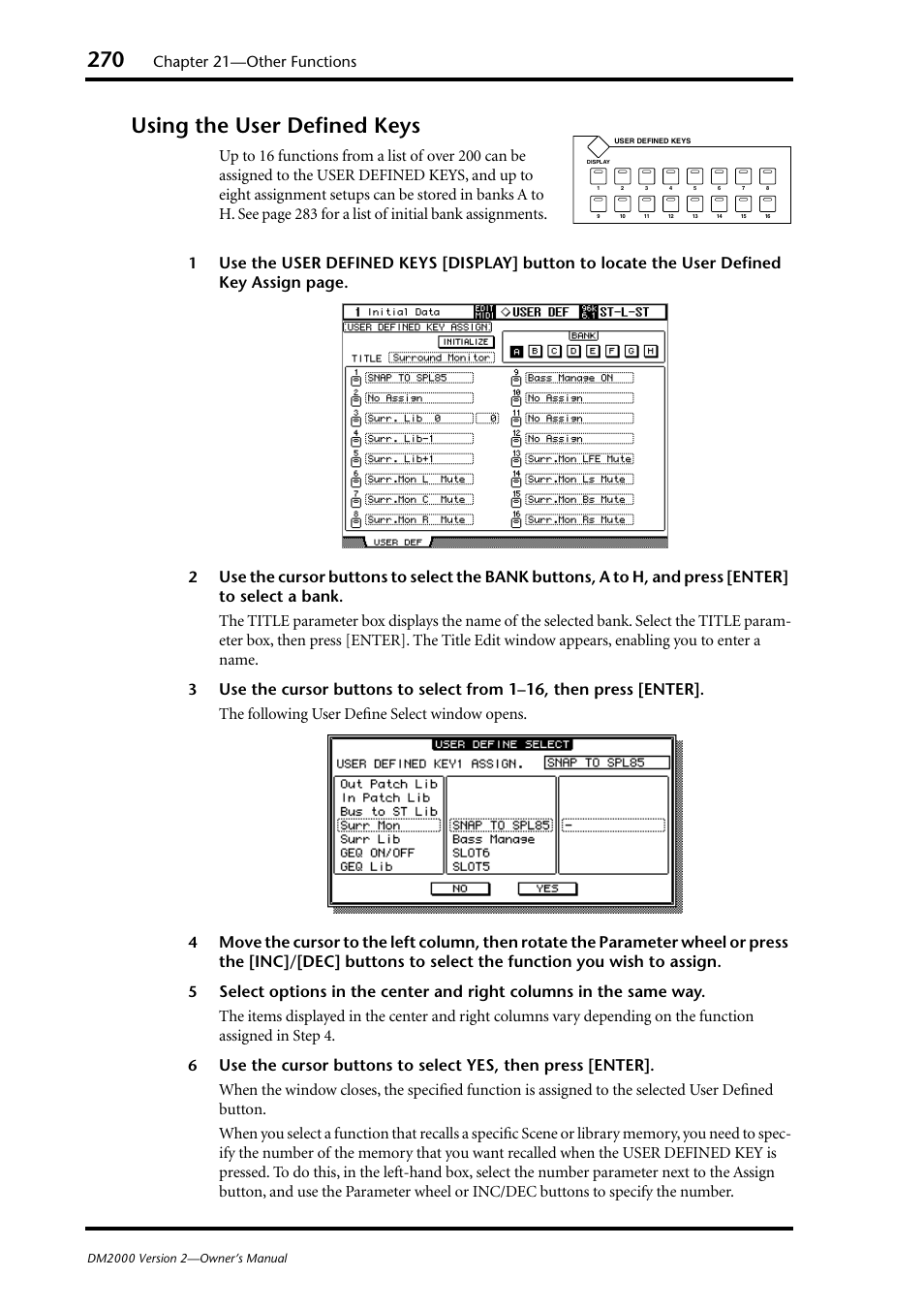 Using the user defined keys, Chapter 21—other functions | Yamaha WC42260 User Manual | Page 270 / 403