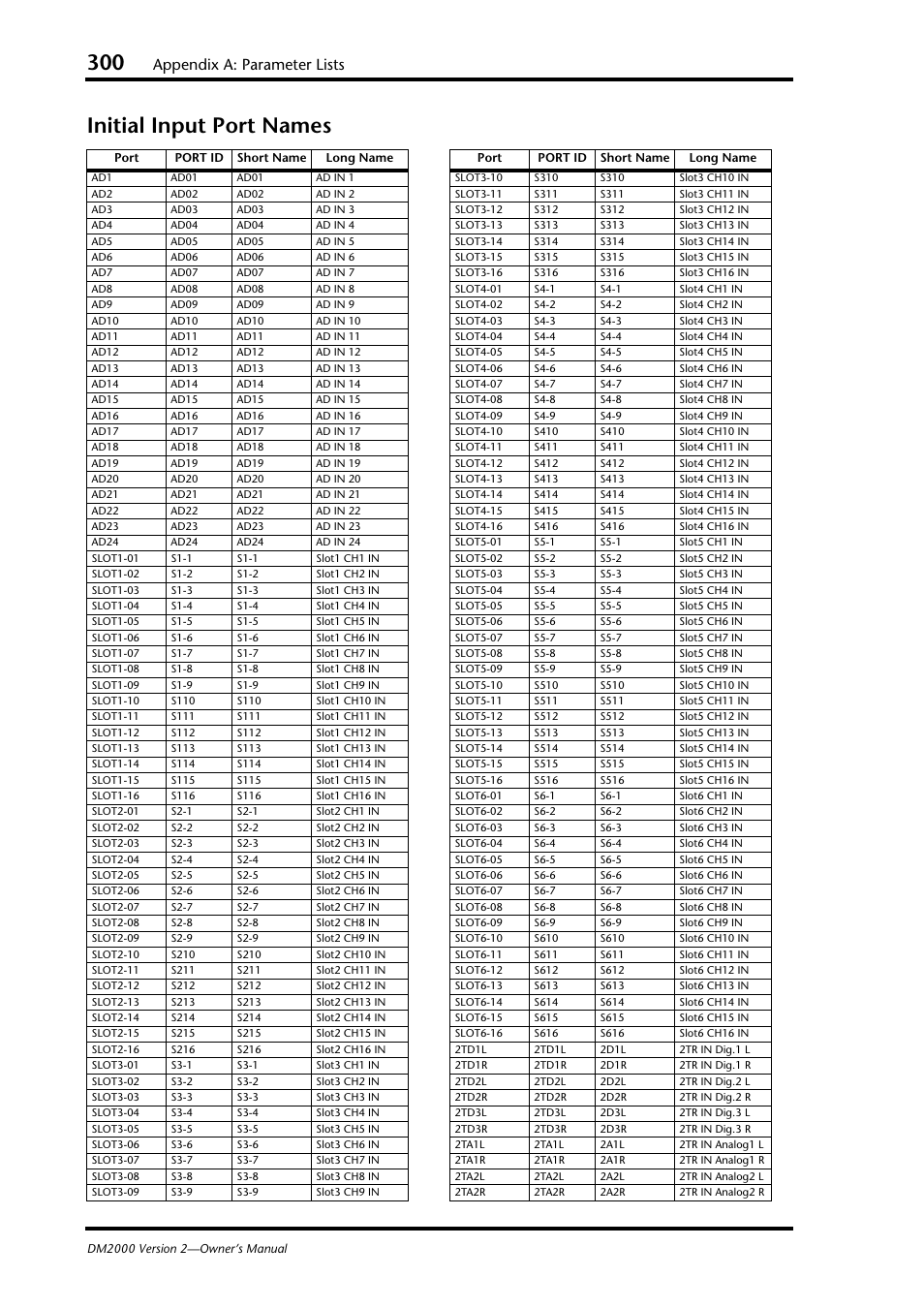 Initial input port names, Appendix a: parameter lists | Yamaha WC42260 User Manual | Page 300 / 403