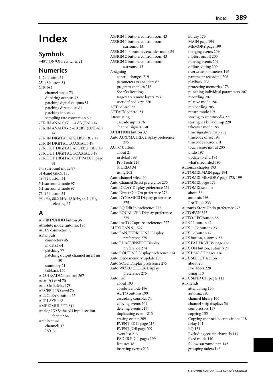 Index, Symbols, Numerics | Yamaha WC42260 User Manual | Page 389 / 403