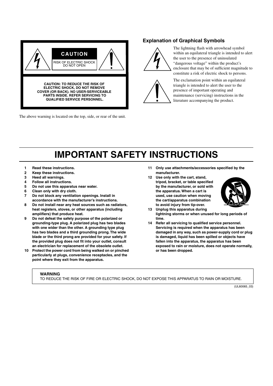 Important safety instructions, Explanation of graphical symbols | Yamaha WC42260 User Manual | Page 402 / 403