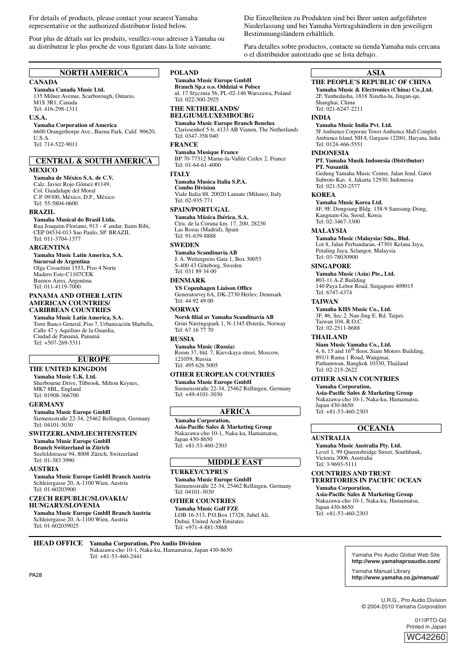 Owner’s manual, Keep this manual for future reference | Yamaha WC42260 User Manual | Page 403 / 403