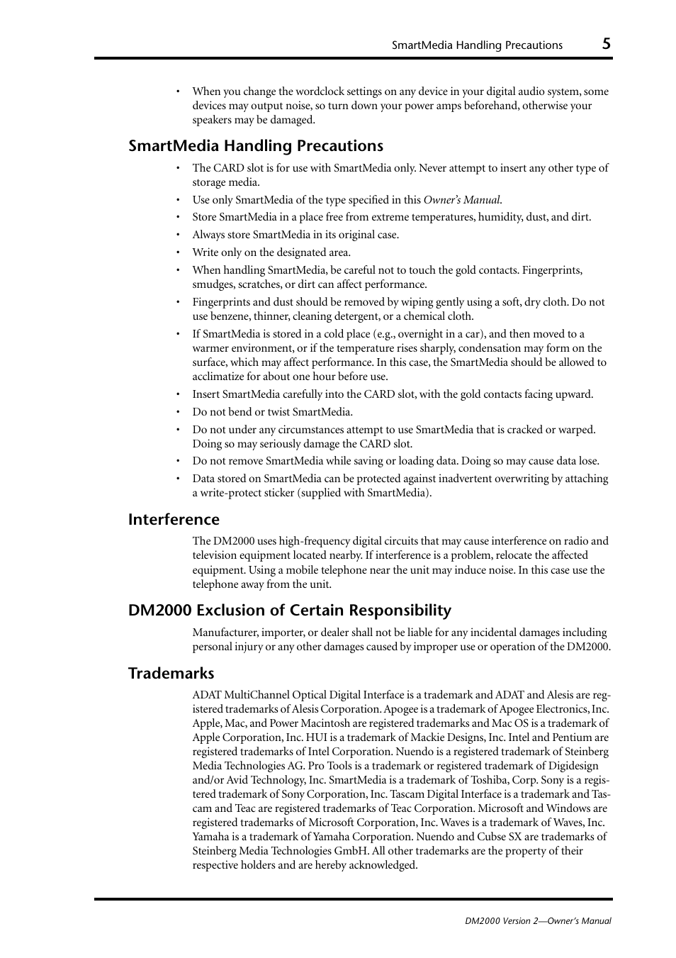 Smartmedia handling precautions, Interference, Dm2000 exclusion of certain responsibility | Trademarks | Yamaha WC42260 User Manual | Page 5 / 403