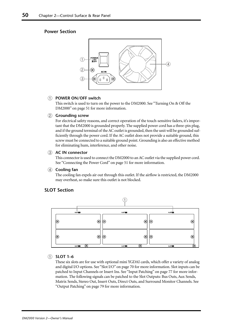 Slot section (p. 50), Power section (p. 50) | Yamaha WC42260 User Manual | Page 50 / 403