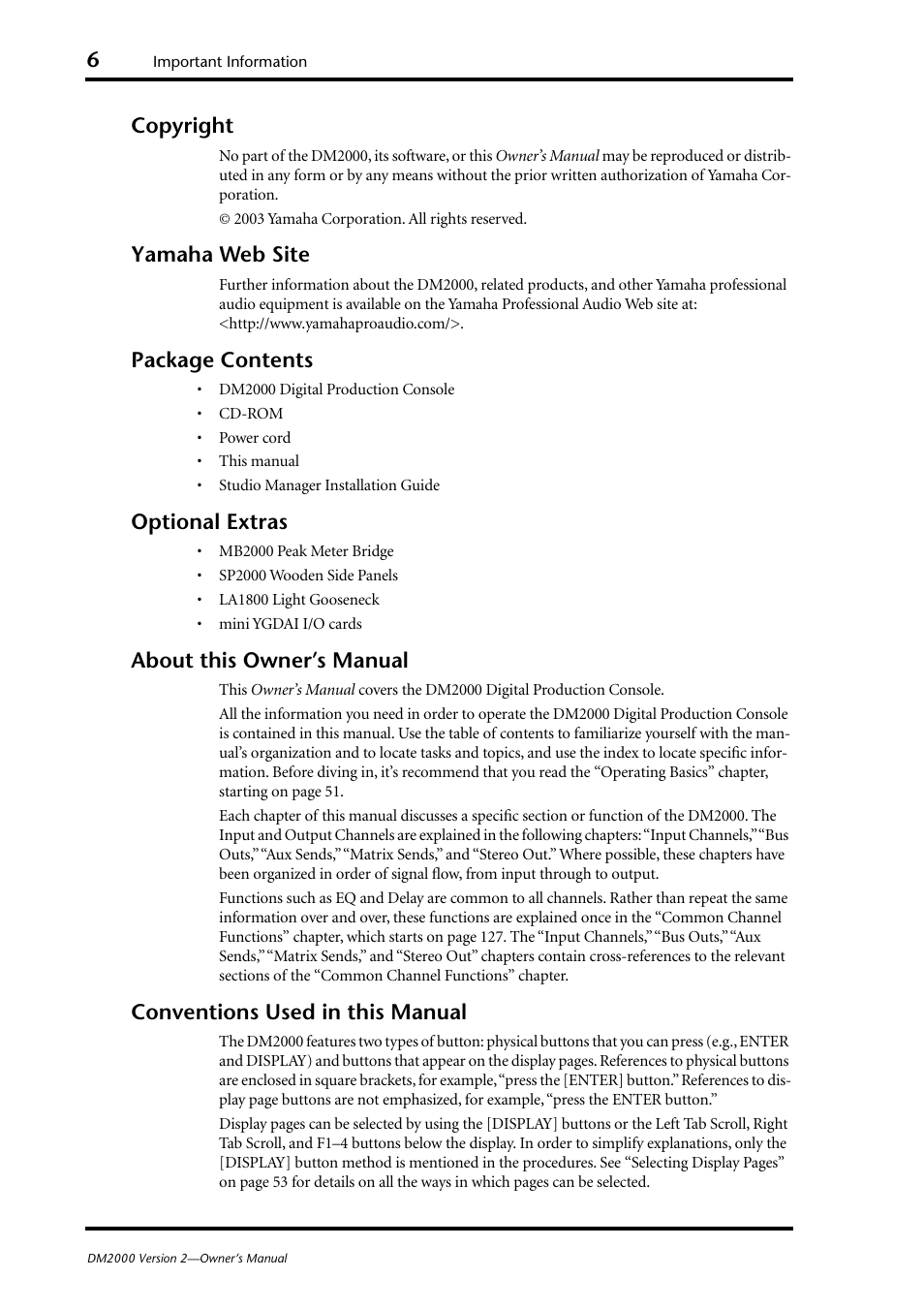Copyright, Yamaha web site, Package contents | Optional extras, About this owner’s manual, Conventions used in this manual | Yamaha WC42260 User Manual | Page 6 / 403