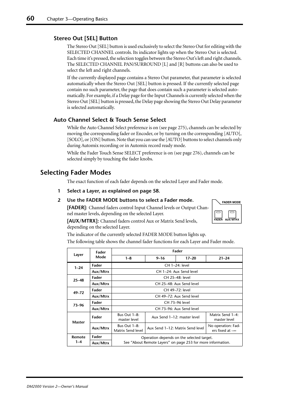 Selecting fader modes, Stereo out [sel] button, Auto channel select & touch sense select | Yamaha WC42260 User Manual | Page 60 / 403