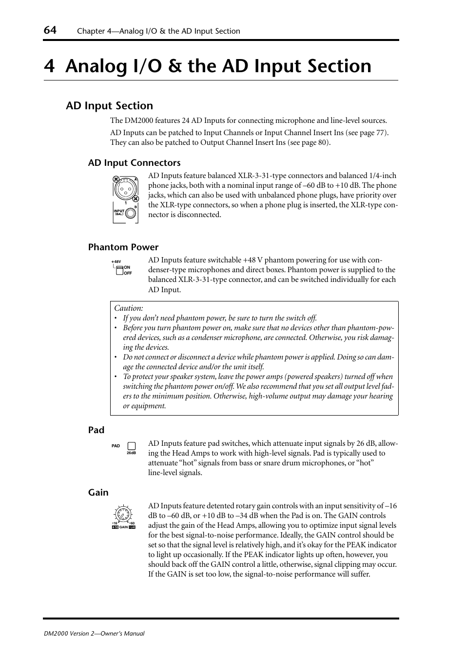 Ad input connectors, Phantom power, Gain | Yamaha WC42260 User Manual | Page 64 / 403