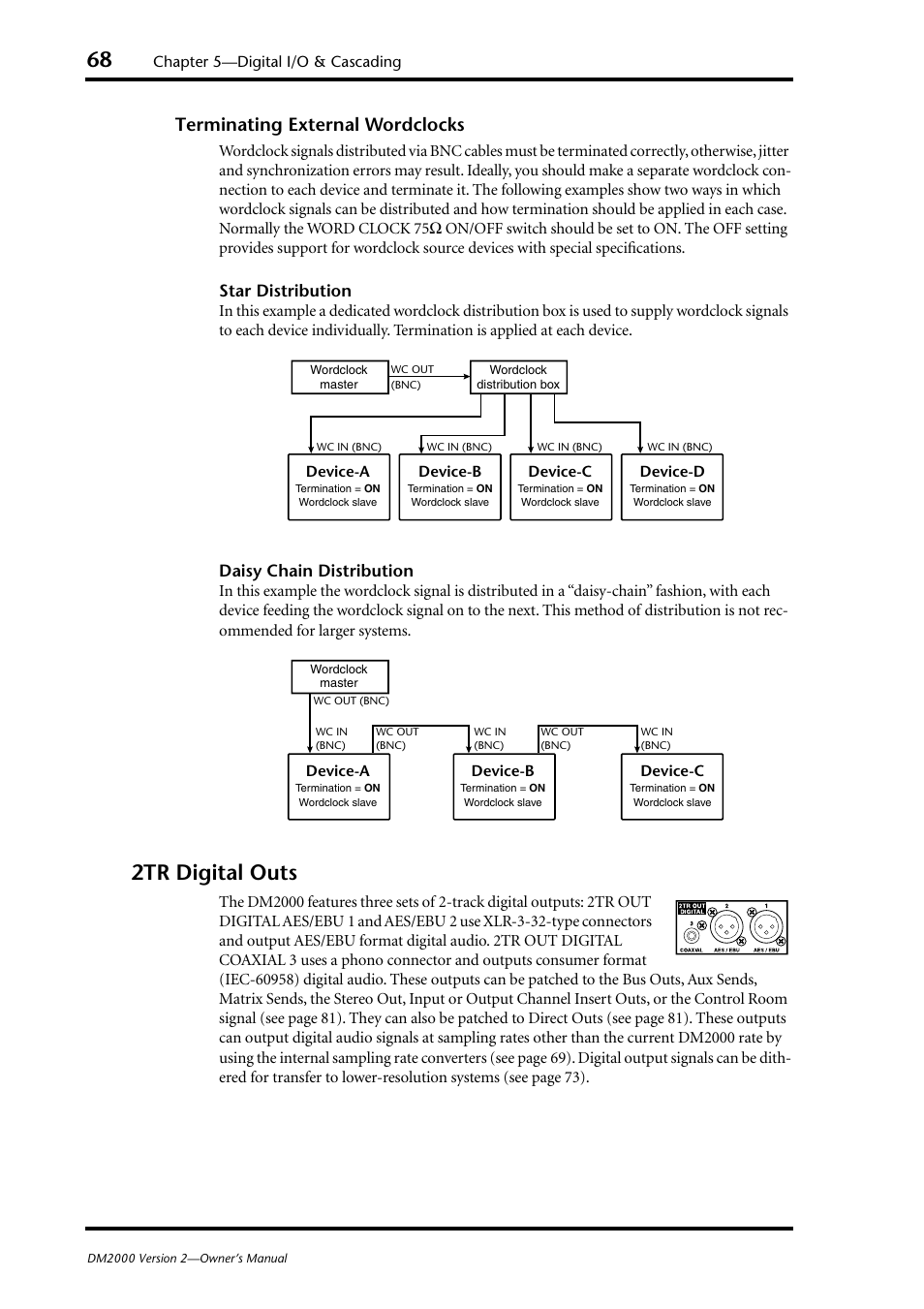 2tr digital outs, See “terminating external, Terminating external wordclocks | Star distribution, Daisy chain distribution | Yamaha WC42260 User Manual | Page 68 / 403