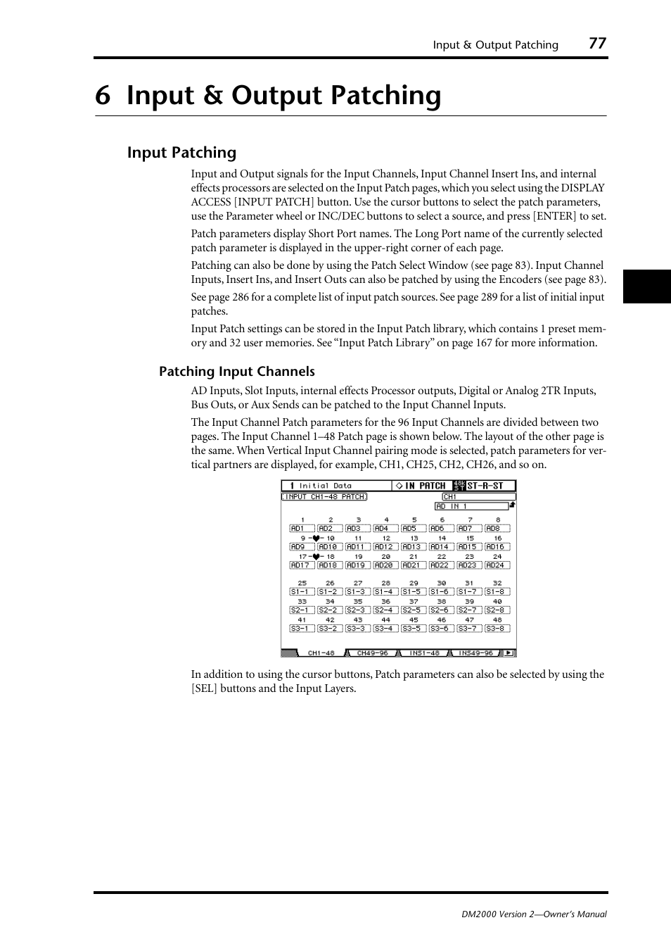 6 input & output patching, Input patching, Input & output patching | Yamaha WC42260 User Manual | Page 77 / 403