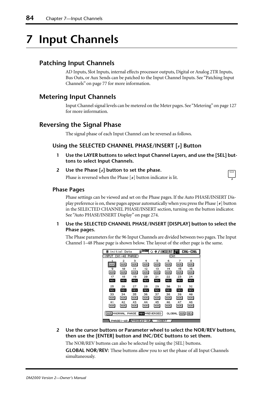 7 input channels, Patching input channels, Metering input channels | Reversing the signal phase, Input channels | Yamaha WC42260 User Manual | Page 84 / 403