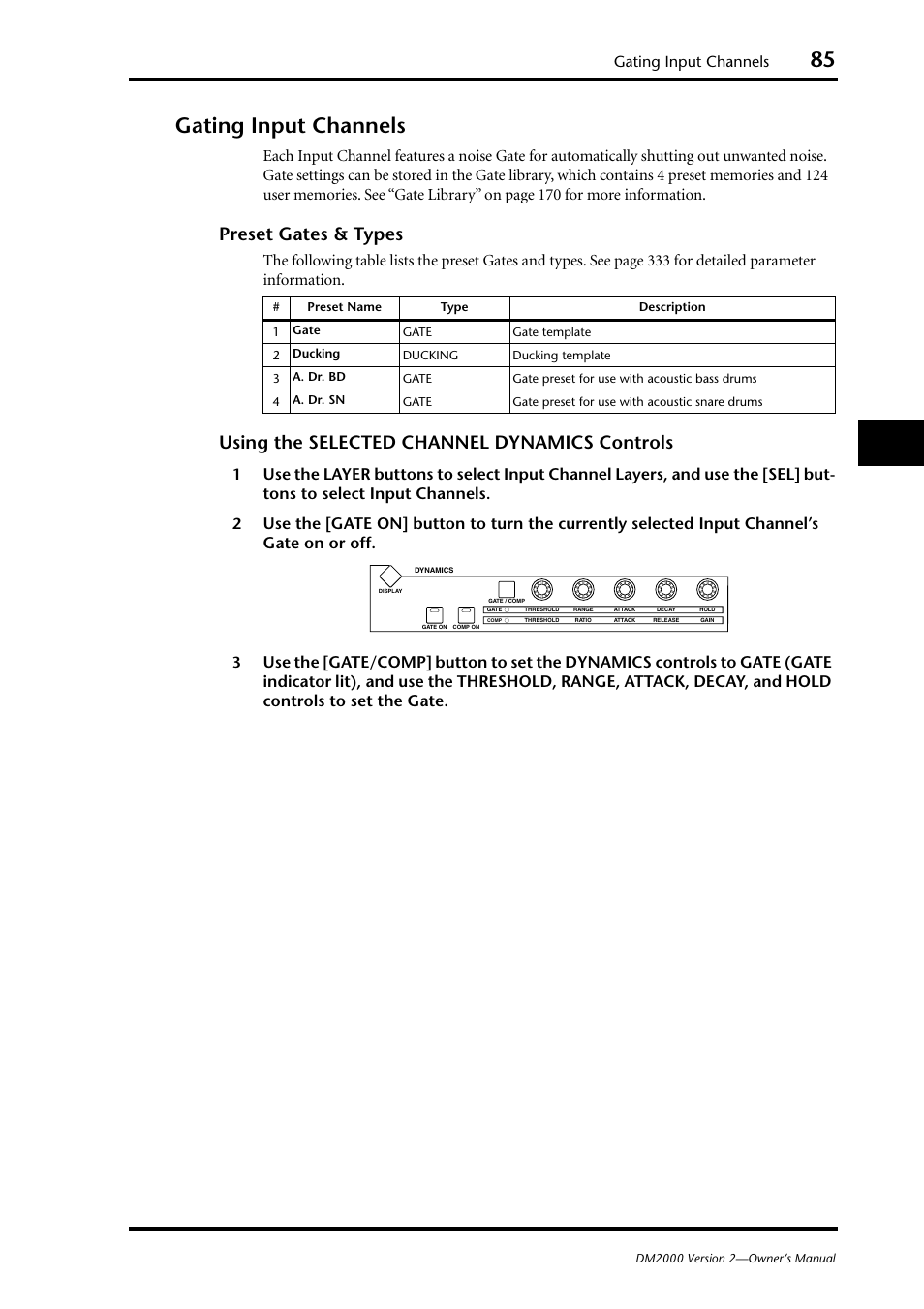 Gating input channels, Preset gates & types, Using the selected channel dynamics controls | Yamaha WC42260 User Manual | Page 85 / 403