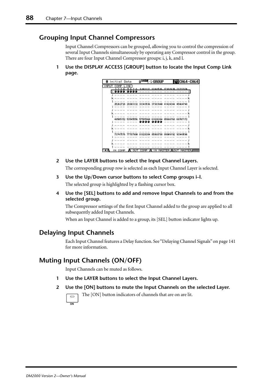 Grouping input channel compressors, Delaying input channels, Muting input channels (on/off) | Yamaha WC42260 User Manual | Page 88 / 403