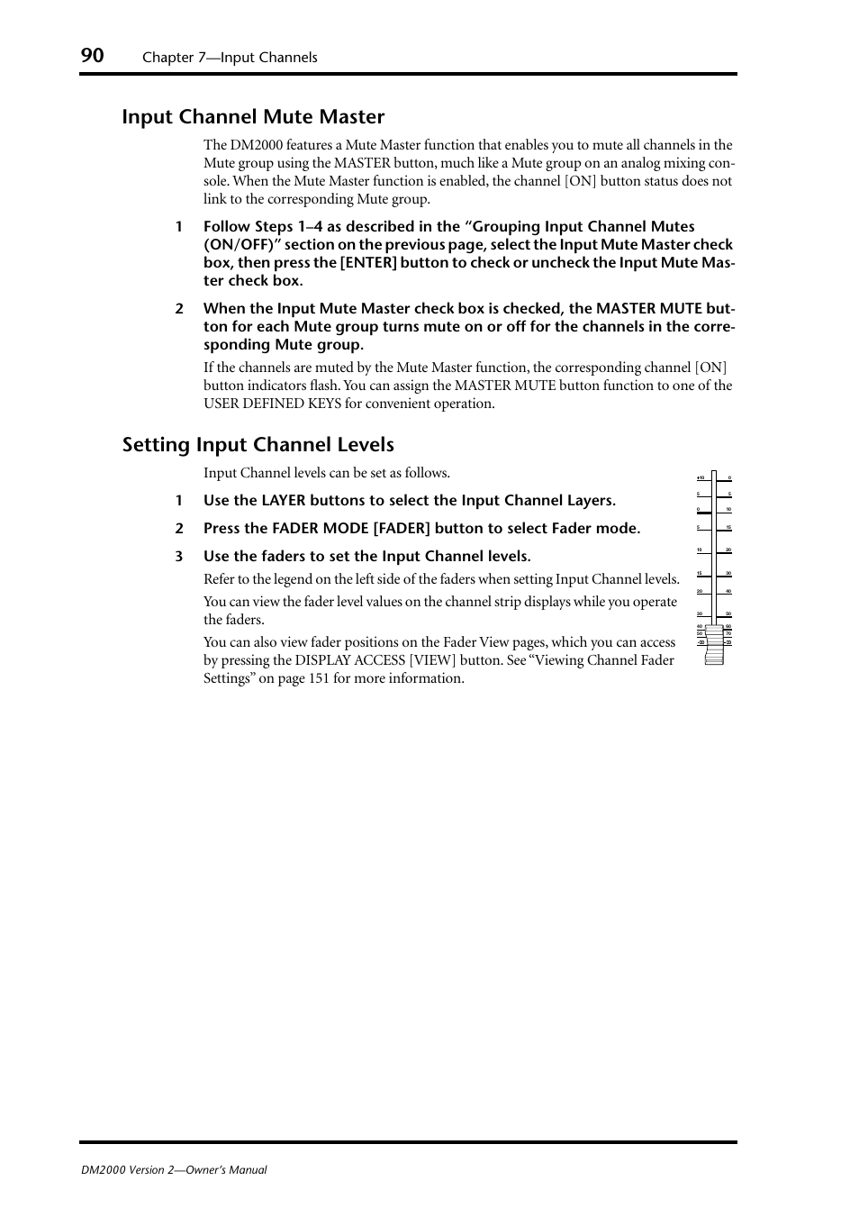Input channel mute master, Setting input channel levels, Chapter 7—input channels | Yamaha WC42260 User Manual | Page 90 / 403