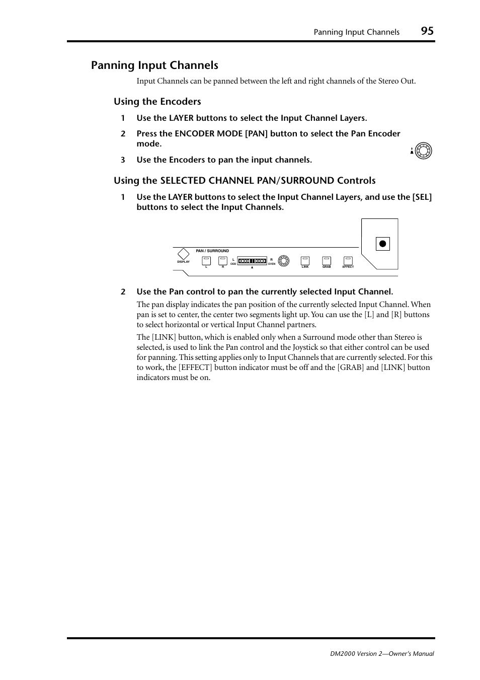 Panning input channels, Using the encoders, Using the selected channel pan/surround controls | Yamaha WC42260 User Manual | Page 95 / 403