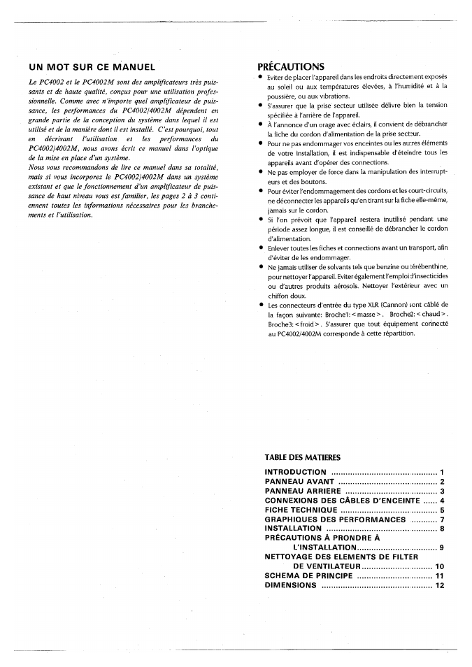 Precautions, Un mot sur ce manuel, Table des matieres | Yamaha PC4002M User Manual | Page 16 / 43