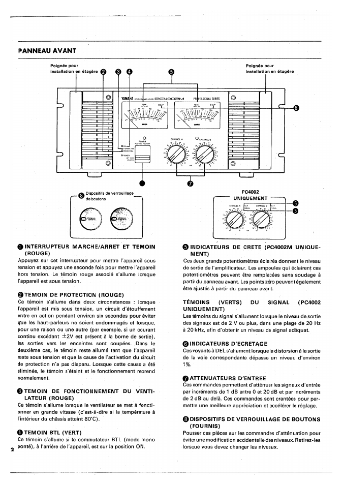 0temoin de protection (rouge), Temoin de fonctionnement du ventilateur (rouge), Temoin btl (vert) | Indicateurs de crete (pc4002m uniquement), Témoins (verts) du signal (pc4002 uniquement), Indicateurs d'ecretage, Attenuateurs d'entree, Dispositifs de verrouillage de boutons (fournis) | Yamaha PC4002M User Manual | Page 18 / 43