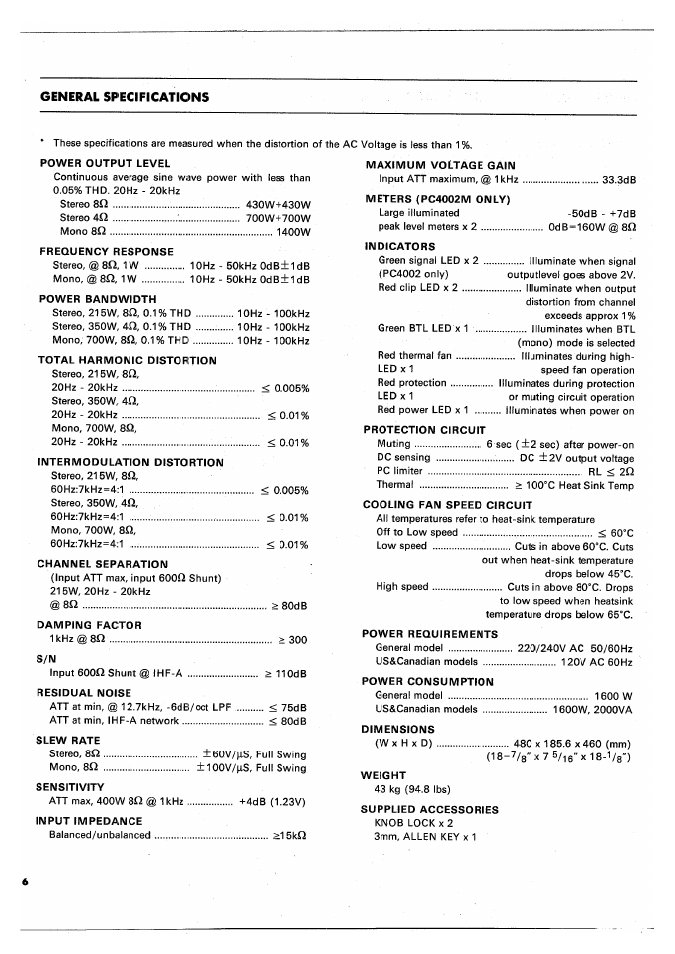 Power output level, Frequency response, Power bandwidth | Total harmonic distortion, Intermodulation distortion, Channel separation, Meters (pc4002m only), Protection circuit, Cooling fan speed circuit, Power requirements | Yamaha PC4002M User Manual | Page 8 / 43