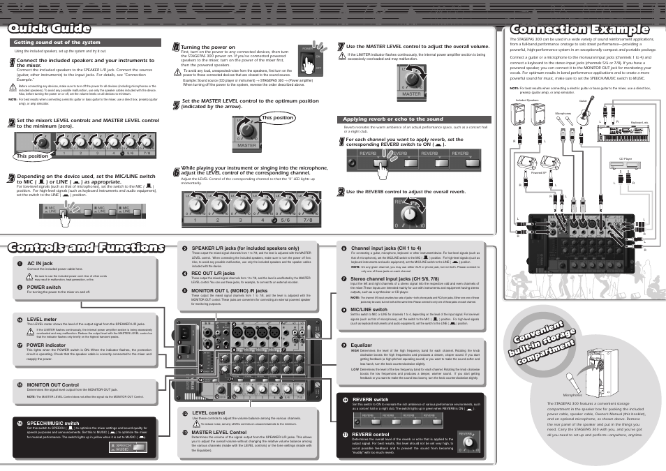 Controls and functions, Quick guide | Yamaha STAGEPAS 300 User Manual | Page 2 / 2